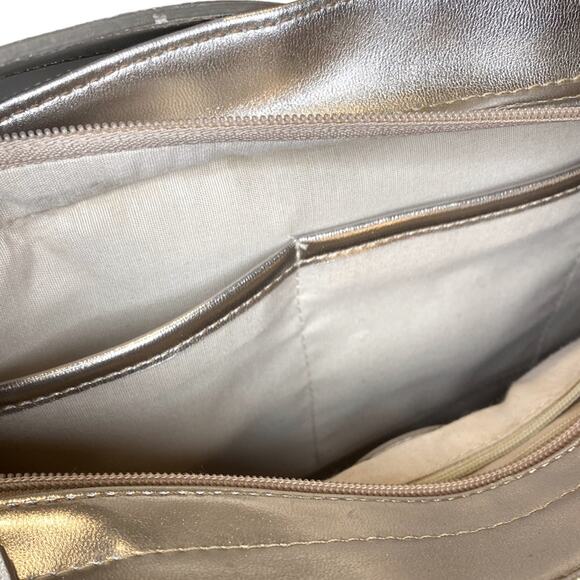 ETIENNE AIGNER Beige Linen W/ Metallic Gold Leather Trim Shoulder Bag Purse - Picture 6 of 10